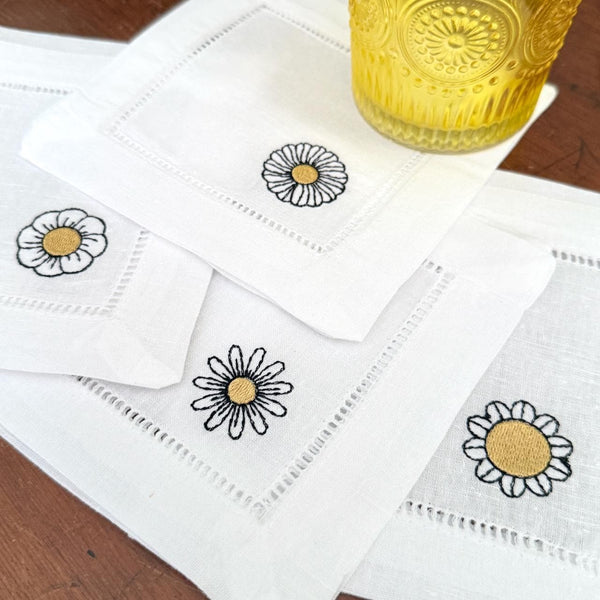 Daisy Cocktail Napkins, Set of 4 Unique Designs, Flower Cocktail Cloth Napkins, Daisies Floral Linen cocktail napkins - White Tulip Embroidery