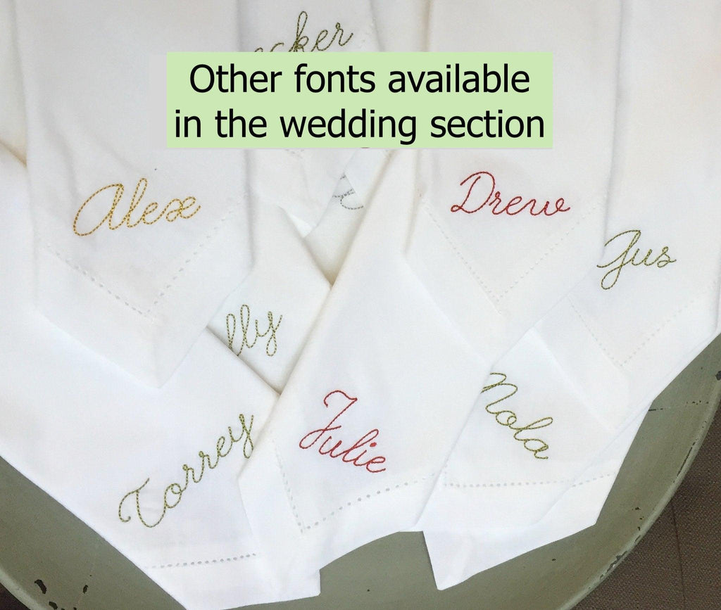 101 Personalized Embroidered Napkins, White Hemstitch Cotton, Ivory Thread, Font #4, Fold 9 - White Tulip Embroidery