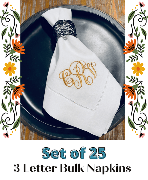 3 Letter Bulk Monogrammed Wedding Napkins, Set of 25, Embroidered Cloth Dinner Napkins - White Tulip Embroidery