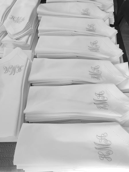 3 Letter Bulk Monogrammed Wedding Napkins, Set of 75, Embroidered Cloth Dinner Napkins - White Tulip Embroidery