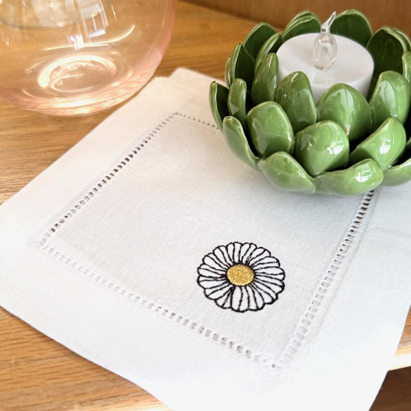 Daisy Cocktail Napkins, Set of 4 Unique Designs, Flower Cocktail Cloth Napkins, Daisies Floral Linen cocktail napkins - White Tulip Embroidery