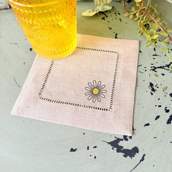 Daisy Cocktail Napkins, Set of 4 Unique Designs, Flower Cocktail Cloth Napkins, Daisies Floral Linen cocktail napkins - White Tulip Embroidery