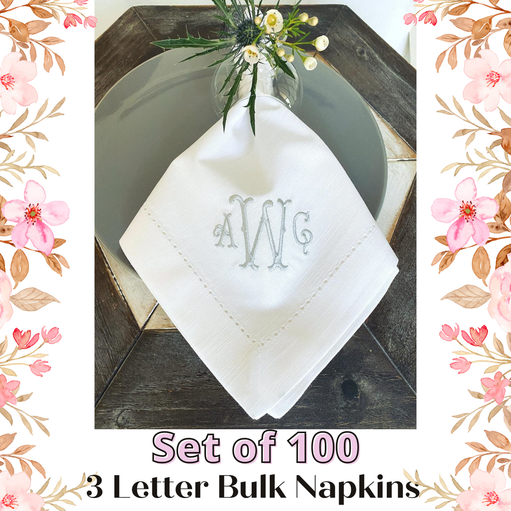 3 Letter Bulk Monogrammed Wedding Napkins, Set of 100, Embroidered Cloth Dinner Napkins - White Tulip Embroidery