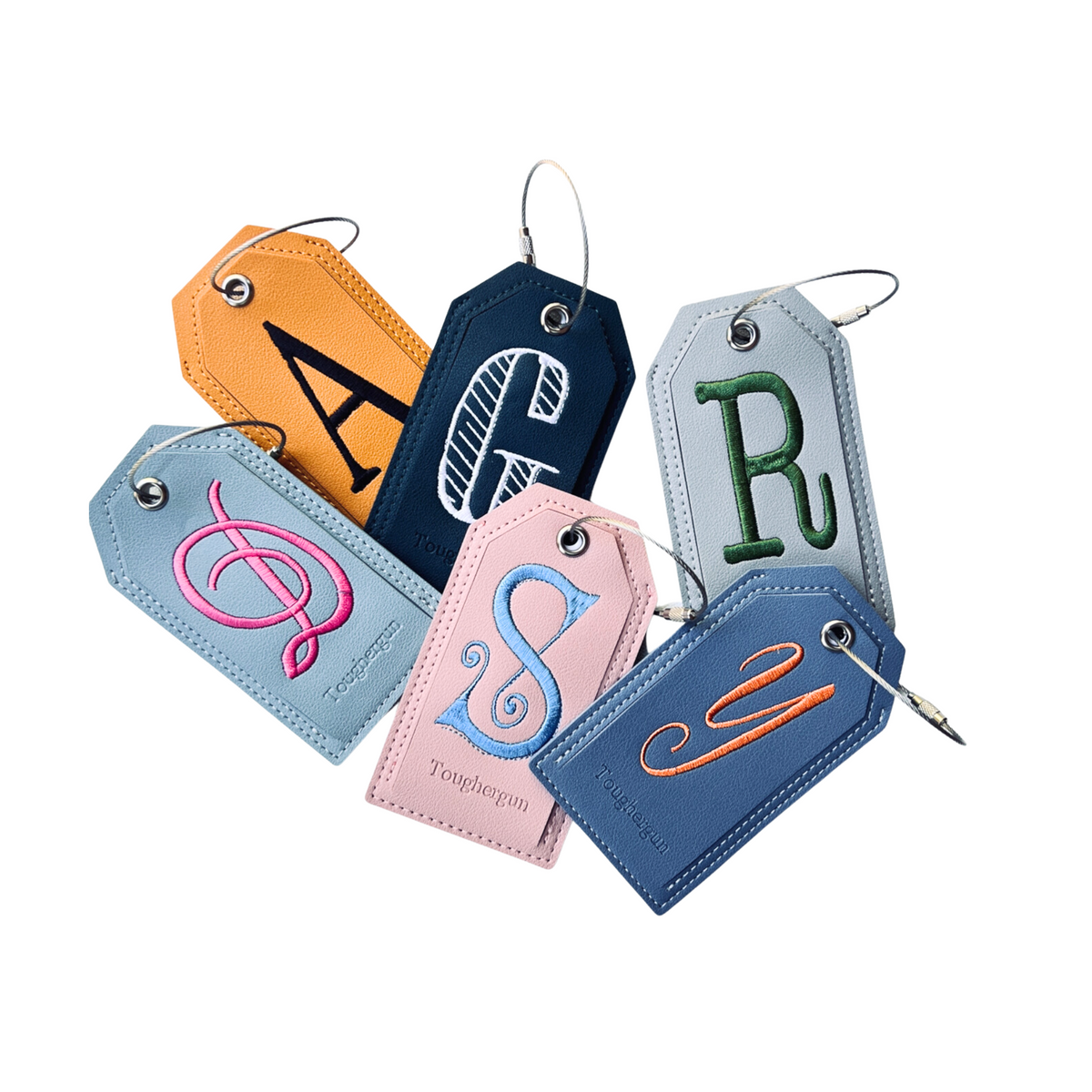 Monogrammed Luggage Tag Embroidered Vegan Leather with Steel Loop Wir White Tulip Embroidery