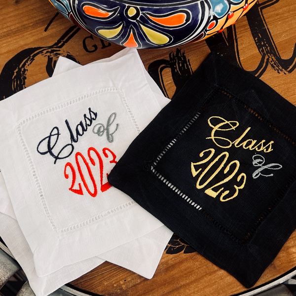 Class of 2023 Graduation Cocktail Napkins, 2023 Cocktail Cloth Napkins, Graduation Cloth Napkins - White Tulip Embroidery
