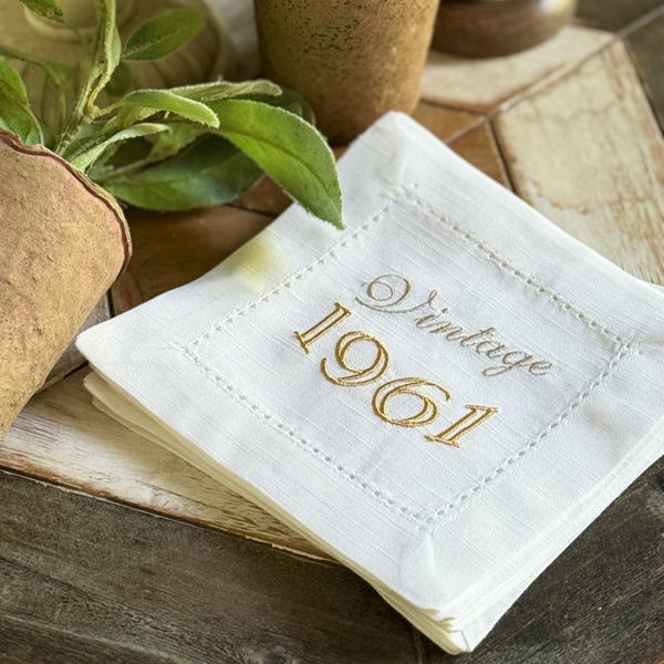 Any year! Vintage Birthday Cocktail Napkins, Set of 4, 50th Birthday Cocktail Napkins - White Tulip Embroidery