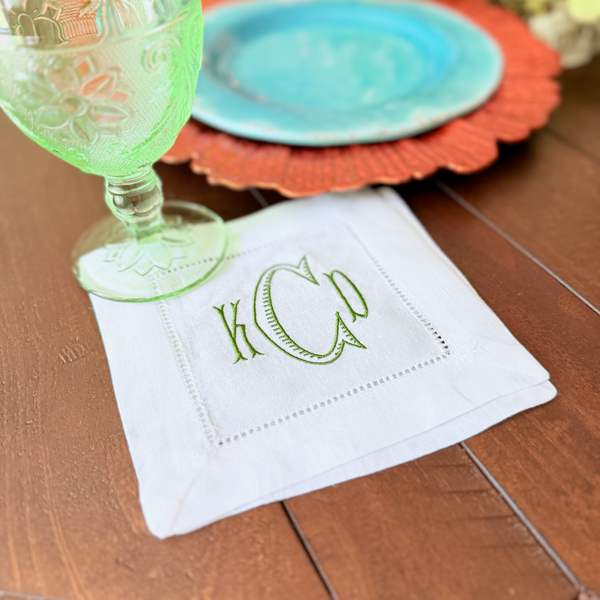 Baroque Three Letter Monogrammed Cocktail Napkins, Set of 4 Monogrammed Cloth Linen Napkin - White Tulip Embroidery