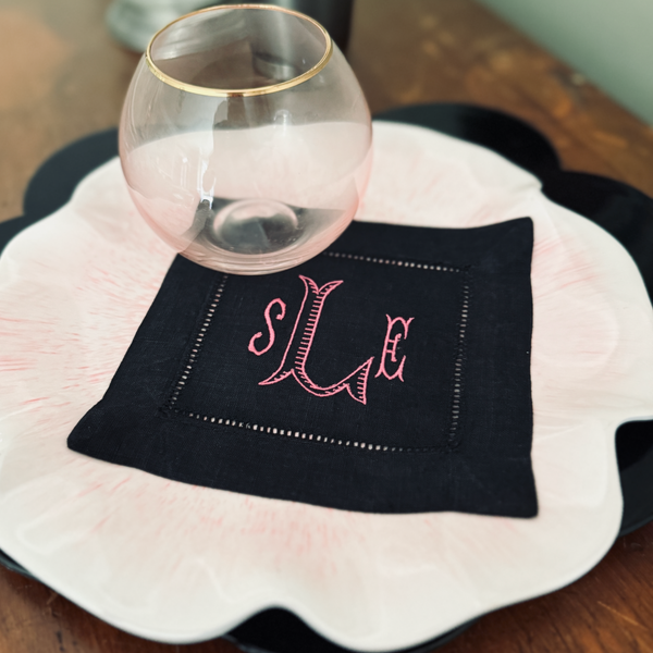 Baroque Three Letter Monogrammed Cocktail Napkins, Set of 4 Monogrammed Cloth Linen Napkin - White Tulip Embroidery