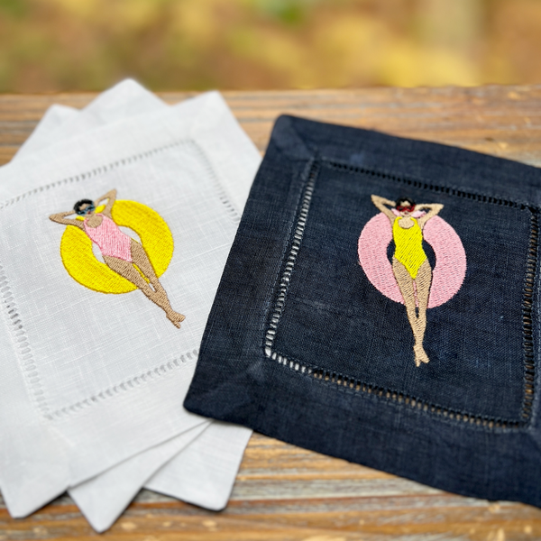 Pool Party Cocktail Linen Napkins, Girl's weekend Cocktail Napkins, Set of 4, Pool gift - White Tulip Embroidery
