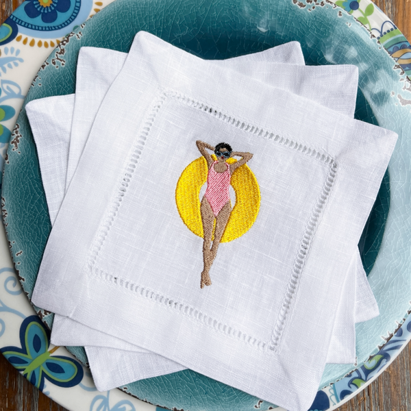 Pool Party Cocktail Linen Napkins, Girl's weekend Cocktail Napkins, Set of 4, Pool gift - White Tulip Embroidery