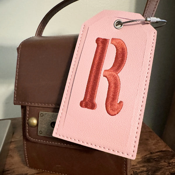 Monogrammed Luggage Tag, Embroidered Vegan Leather with Steel Loop Wire - White Tulip Embroidery
