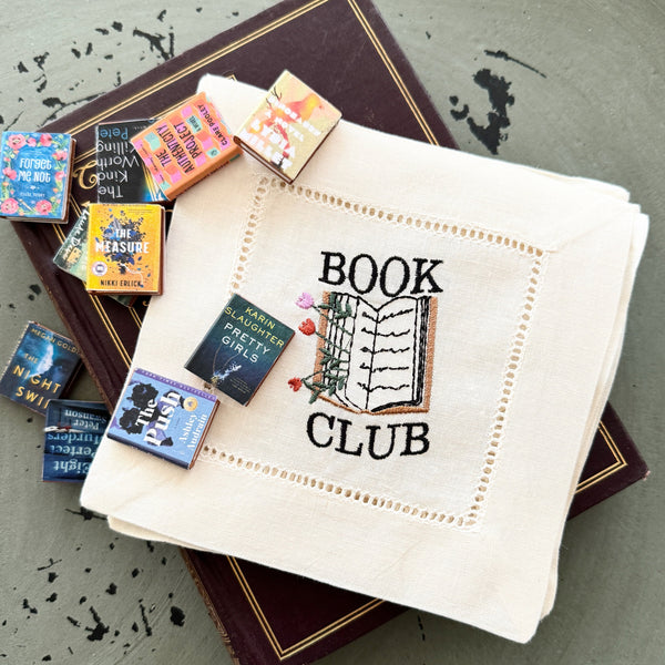 Book Club Cloth Cocktail Napkins, Set of 4, Flowers Growing From Book Club Napkins - White Tulip Embroidery