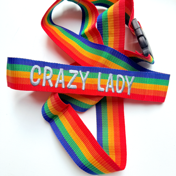 Embroidered Monogram Name Luggage Strap, Rainbow Personalized Luggage Strap - White Tulip Embroidery