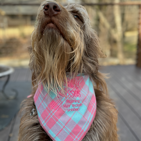 Free Dog Kisses Dog Bandana, Plaid or Striped Embroidered Dog Handkerchief, Valentine Dog Bandana - White Tulip Embroidery