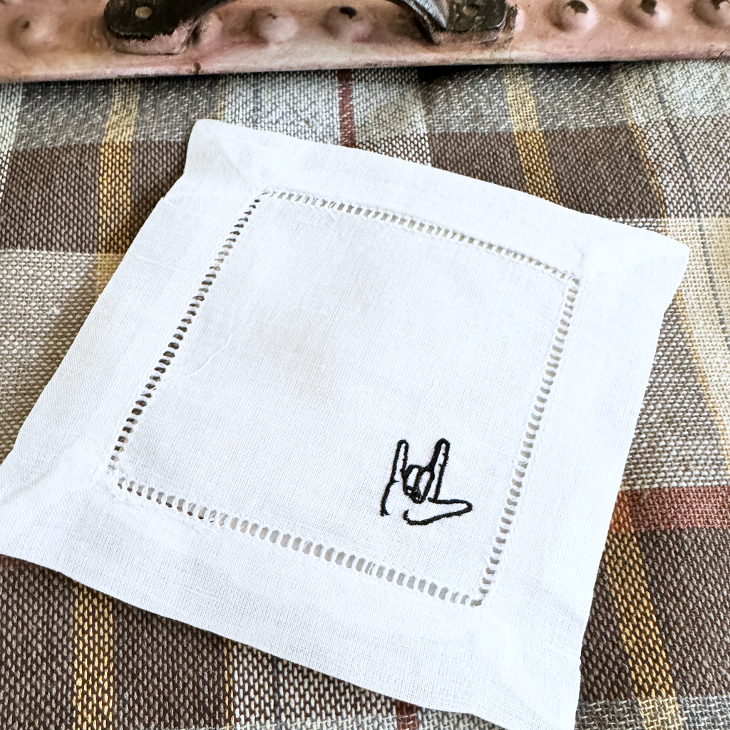 I Love You Hand Sign Language Linen Cocktail Napkins, Set of 4, Love cloth napkins - White Tulip Embroidery