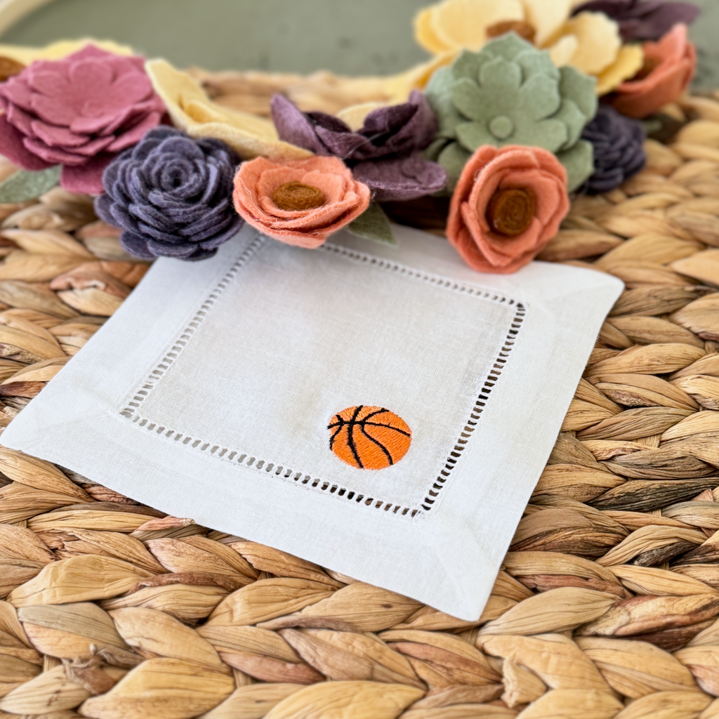 Basketball Cloth Cocktail Napkins, Set of 4, Basketball Party Napkins - White Tulip Embroidery