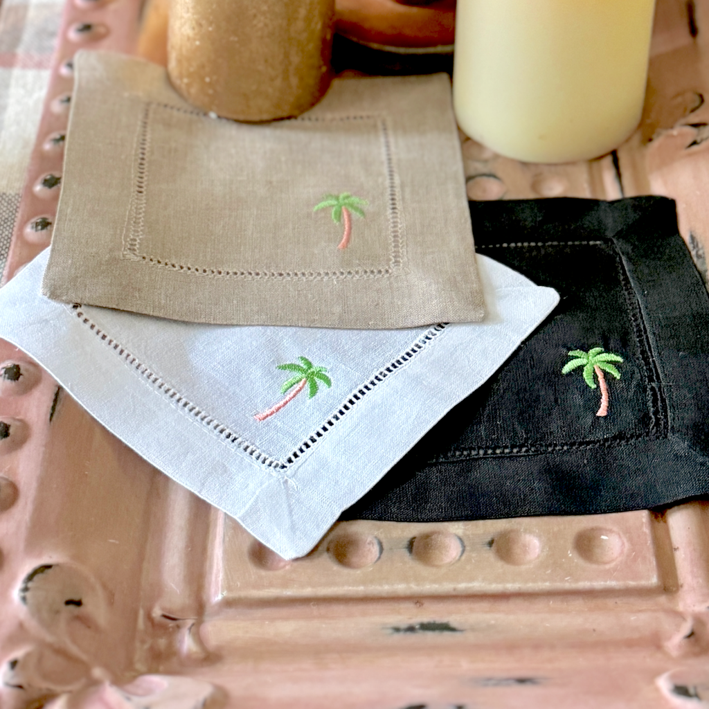 Palm Tree Cloth Cocktail Napkins, Set of 4 - White Tulip Embroidery