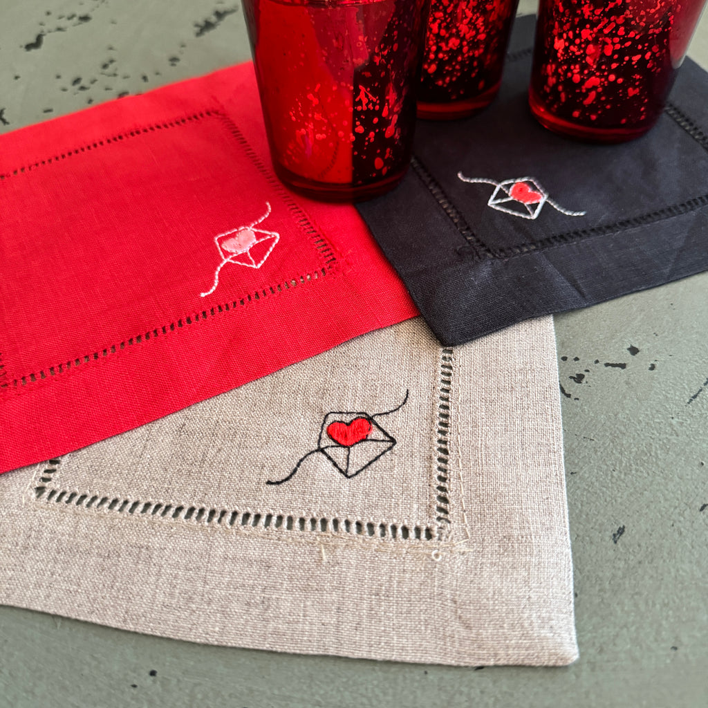 Heart Envelope Valentine's Day Cloth Cocktail Napkins, Set of 4, Linen Cocktail Napkins - White Tulip Embroidery