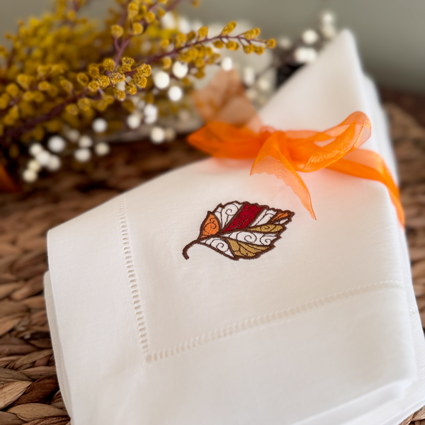 Thanksgiving Autumn Leaf Cloth Dinner Napkins - Set of 4 napkins - White Tulip Embroidery