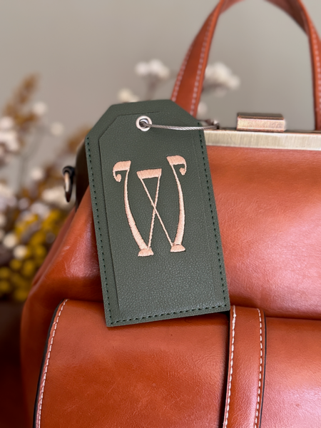 Monogrammed Luggage Tag, Embroidered Vegan Leather with Steel Loop Wire - White Tulip Embroidery