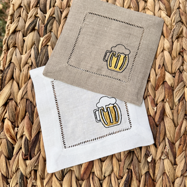 Beer Embroidered Cloth Cocktail Napkins, Set of 4, Beer Linen cocktail napkins, Beer gift, Dad gift - White Tulip Embroidery
