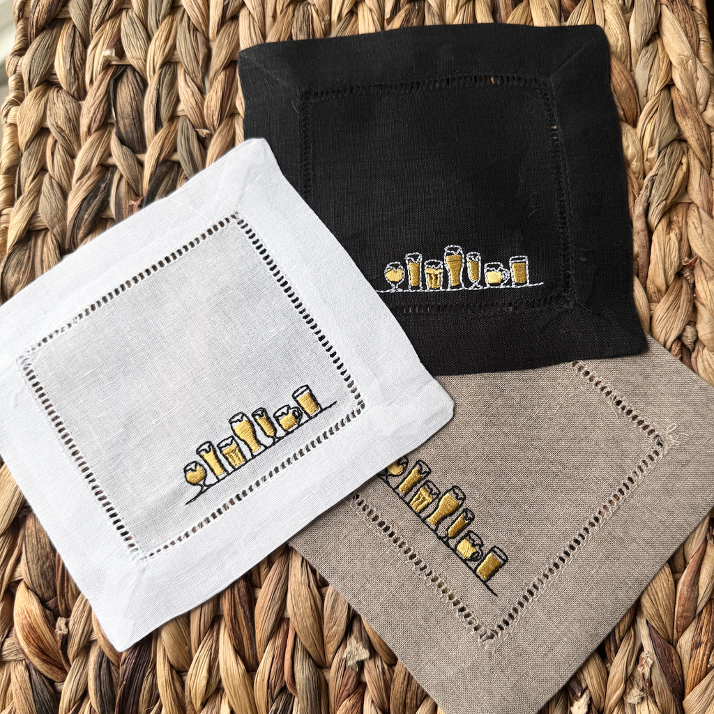 Beer Glasses Embroidered Cloth Cocktail Napkins, Set of 4, Beer Linen cocktail napkins, Beer gift, Dad gift - White Tulip Embroidery