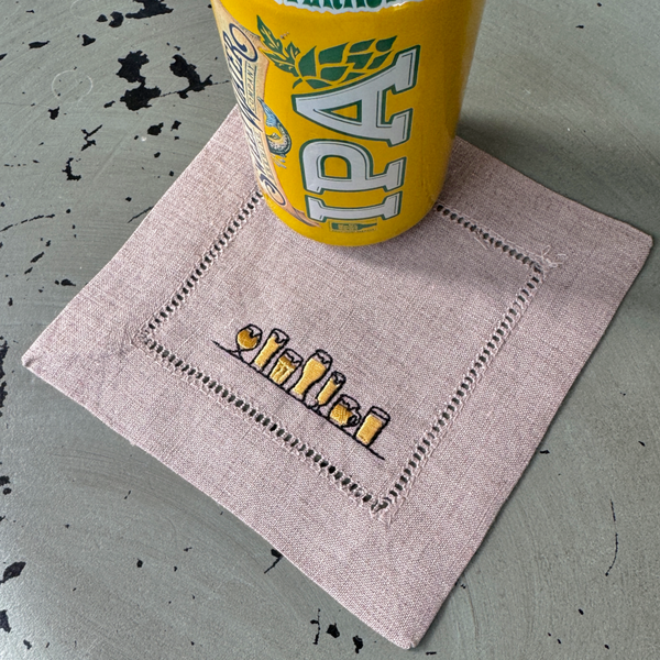 Beer Glasses Embroidered Cloth Cocktail Napkins, Set of 4, Beer Linen cocktail napkins, Beer gift, Dad gift - White Tulip Embroidery