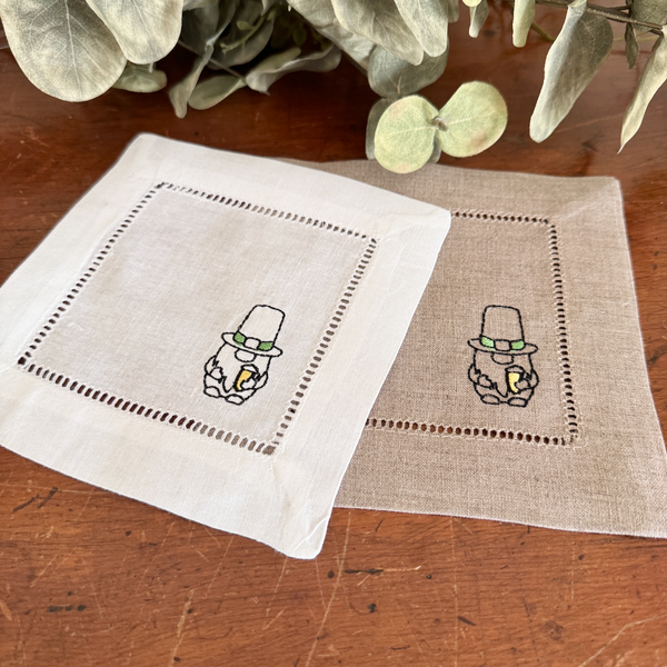 St. Patrick's Day Leprechaun Cocktail Napkins, Set of 4 Embroidered Linen Napkins - White Tulip Embroidery
