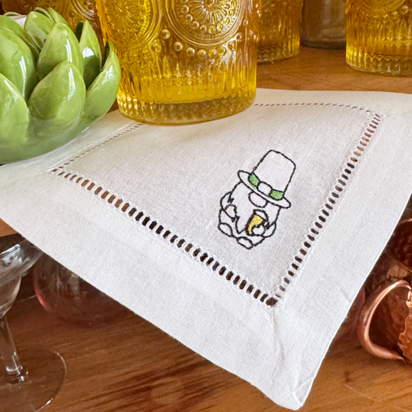 St. Patrick's Day Leprechaun Cocktail Napkins, Set of 4 Embroidered Linen Napkins - White Tulip Embroidery