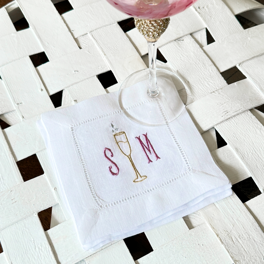 Monogrammed Champagne Cocktail Napkins, Set of 4, Cheers Linen Napkins - White Tulip Embroidery