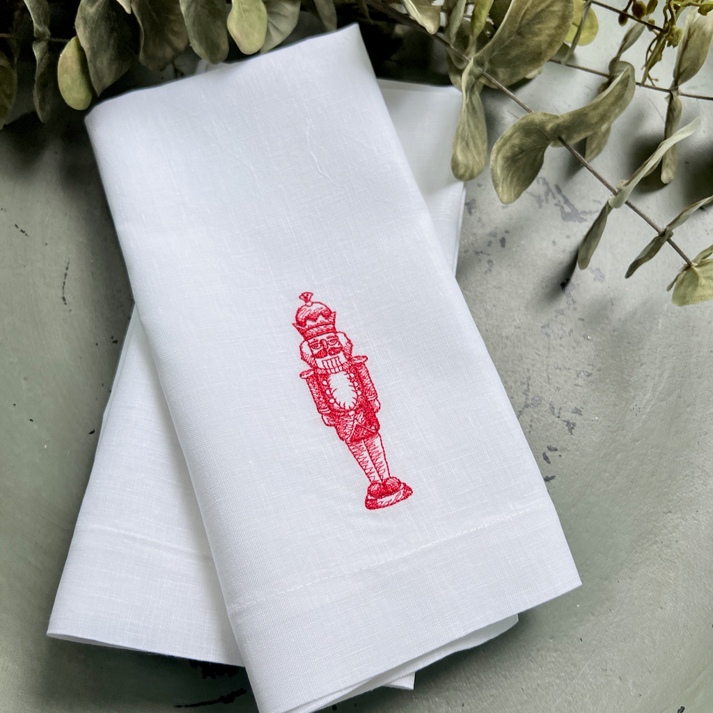 Victorian Nutcracker Cloth Napkins - Set of 4 napkins - White Tulip Embroidery