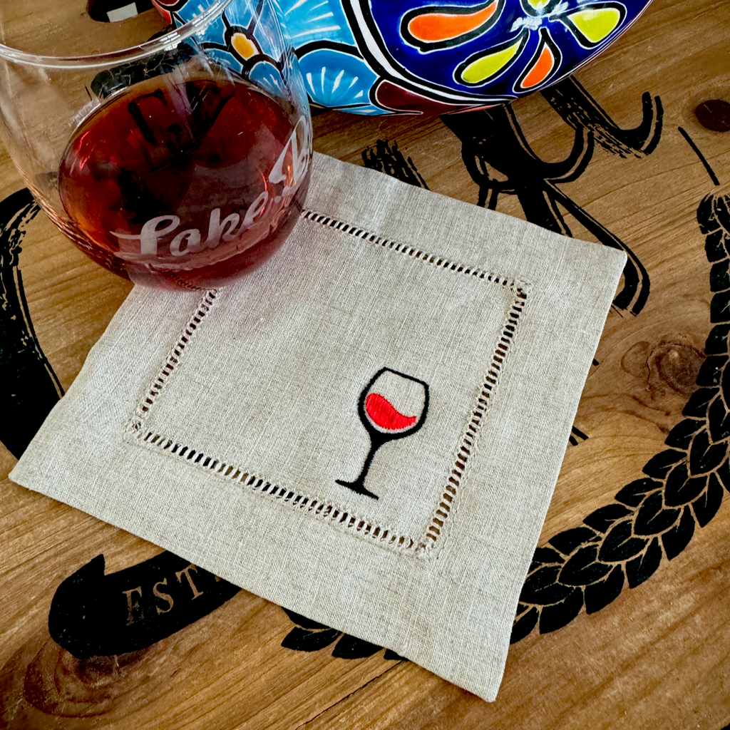 Wine Glass Linen Cocktail Napkins, Set of 4 - White Tulip Embroidery