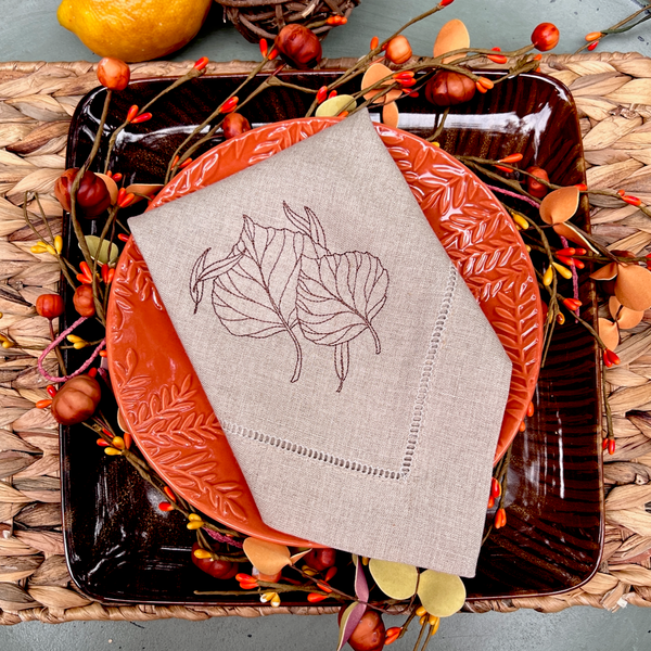 Thanksgiving Embroidered Cloth Leaves Napkins - Set of 4 napkins - White Tulip Embroidery