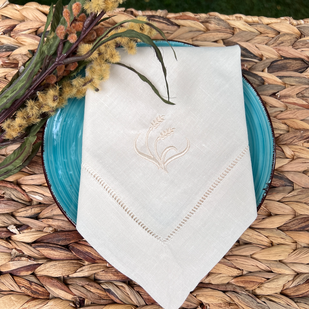 Thanksgiving Wheat Cloth Dinner Napkins - Set of 4 napkins - White Tulip Embroidery