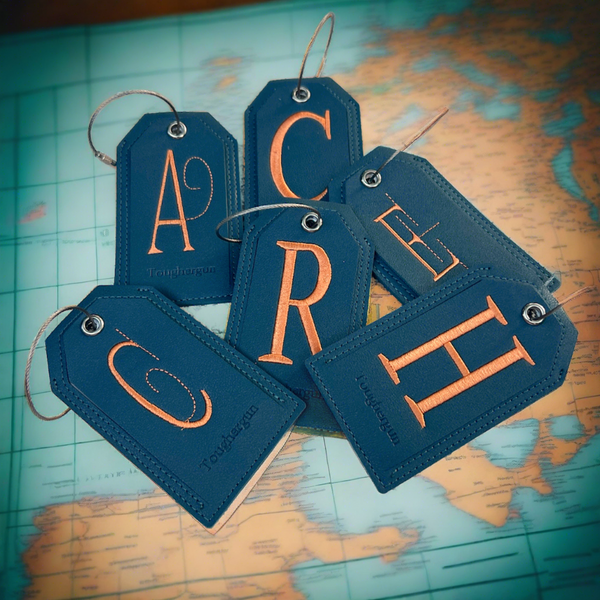 Monogrammed Luggage Tag, Embroidered Vegan Leather with Steel Loop Wire - White Tulip Embroidery
