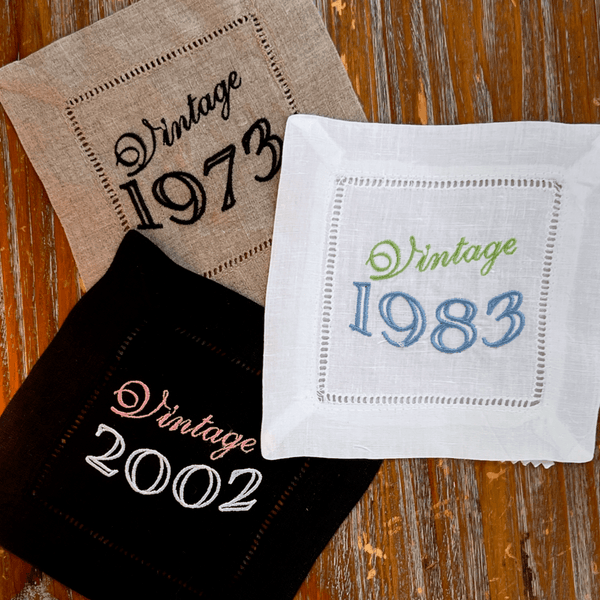 Any year! Vintage Birthday Cocktail Napkins, Set of 4, 50th Birthday Cocktail Napkins - White Tulip Embroidery