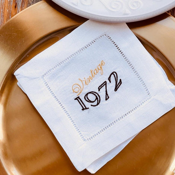 Any year! Vintage Birthday Cocktail Napkins, Set of 4, 50th Birthday Cocktail Napkins - White Tulip Embroidery