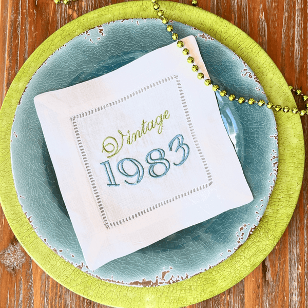 Any year! Vintage Birthday Cocktail Napkins, Set of 4, 50th Birthday Cocktail Napkins - White Tulip Embroidery