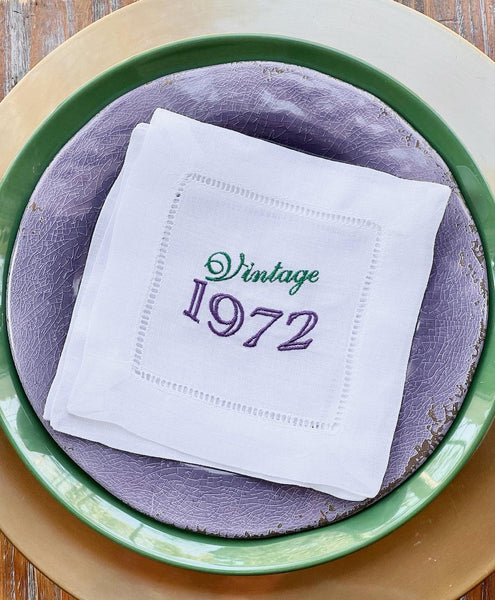 Any year! Vintage Birthday Cocktail Napkins, Set of 4, 50th Birthday Cocktail Napkins - White Tulip Embroidery