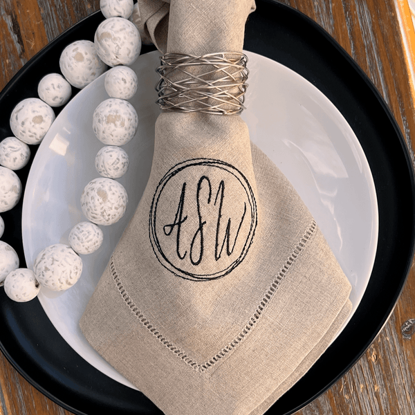 3 Letter Bulk Monogrammed Wedding Napkins, Set of 100, Embroidered Cloth Dinner Napkins - White Tulip Embroidery