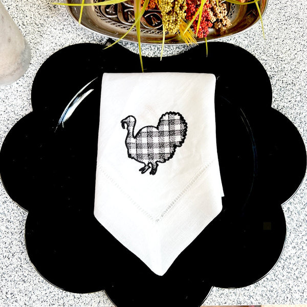 Plaid Turkey Napkins, Set of 4, Thanksgiving cloth napkins, Plaid napkins, Turkey embroidered napkins - White Tulip Embroidery