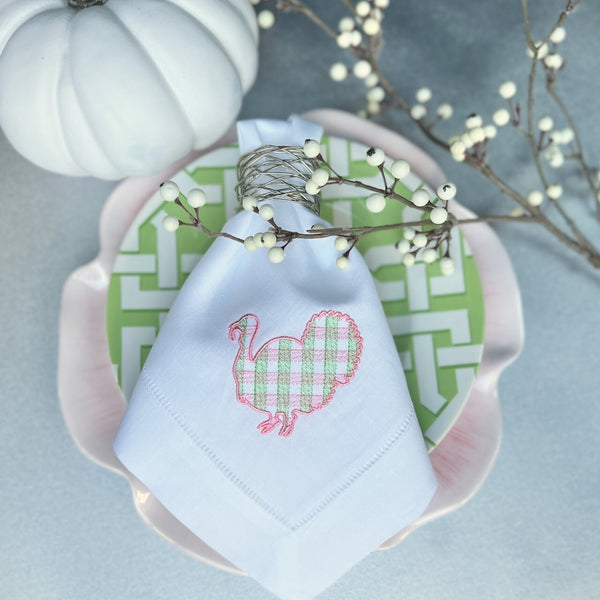 Plaid Turkey Napkins, Set of 4, Thanksgiving cloth napkins, Plaid napkins, Turkey embroidered napkins - White Tulip Embroidery