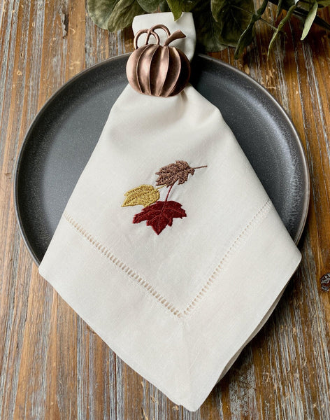 Thanksgiving Leaves Cloth Napkins - Set of 4 napkins - White Tulip Embroidery
