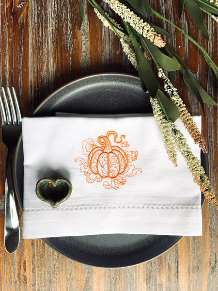Pumpkin Swirl Cloth Napkins - Set of 4 napkins - White Tulip Embroidery