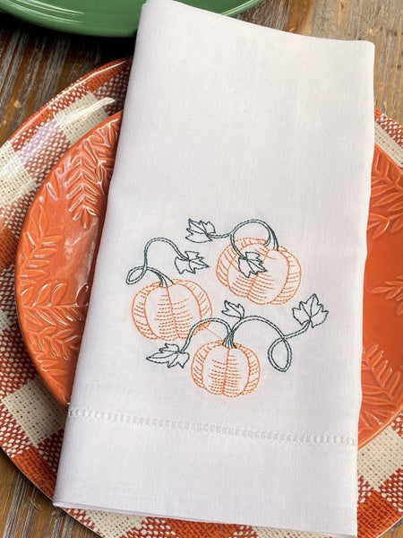 Pumpkin Vine Cloth Napkins - Set of 4 napkins - White Tulip Embroidery