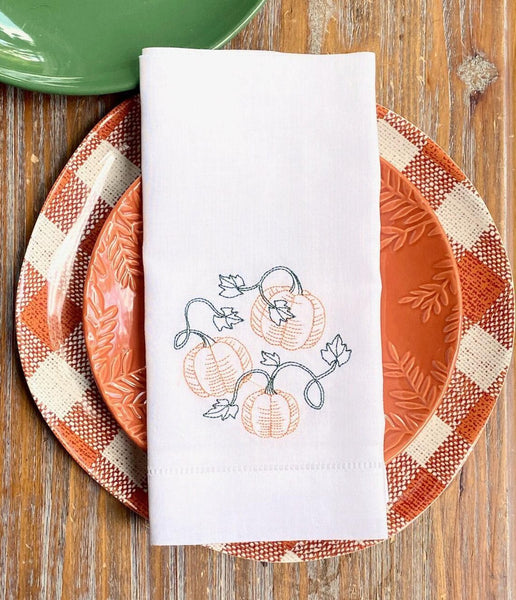 Pumpkin Vine Cloth Napkins - Set of 4 napkins - White Tulip Embroidery