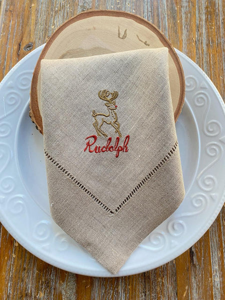 Santa's Reindeer Christmas Cloth Napkins - Set of 10 unique napkins - White Tulip Embroidery