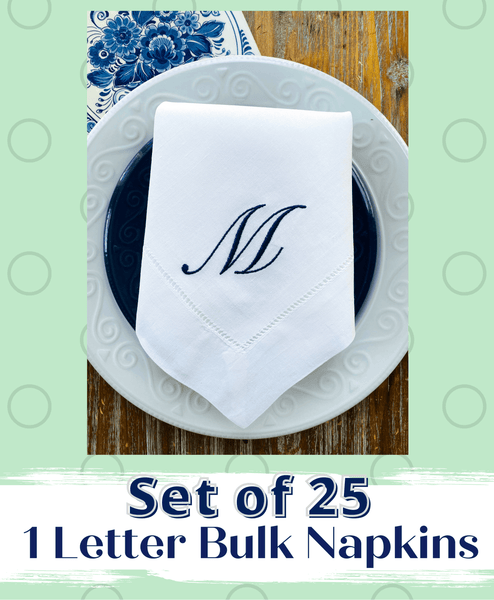 Set of 25 Large Order Monogrammed Wedding Napkins, Embroidered Dinner Napkins - White Tulip Embroidery