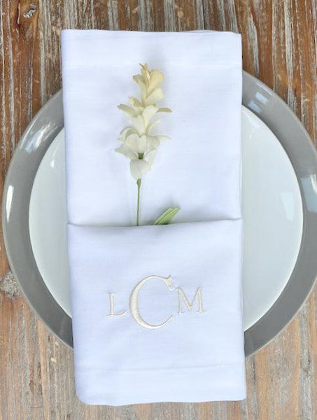 Simple and Modern Three Monogram Monogrammed Cloth Dinner Napkins - Set of 4 napkins - White Tulip Embroidery