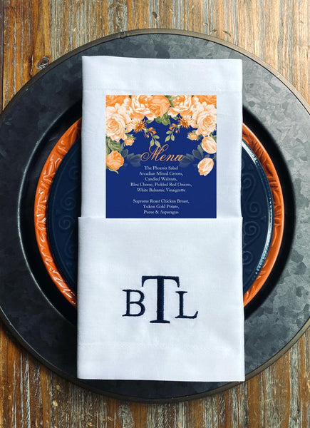 Simple and Modern Three Monogram Monogrammed Cloth Dinner Napkins - Set of 4 napkins - White Tulip Embroidery